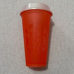Starbucks Reusable Cup-16 oz-Plastic-Reddish Orange/Pearly White Lid-GUC